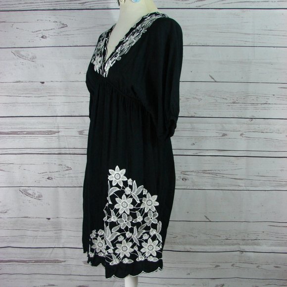 Black W/White Embroidered Floral Dress Tunic Top S - Picture 4 of 15